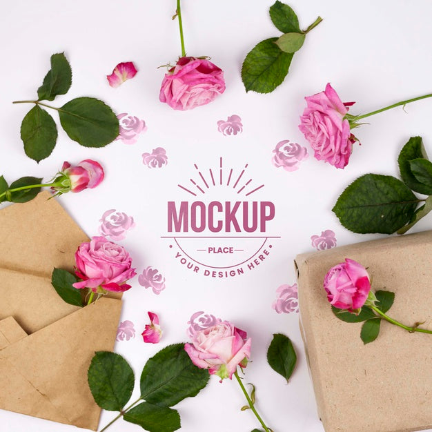 Pink Roses Framing Mockup Next To Envelopes Psd