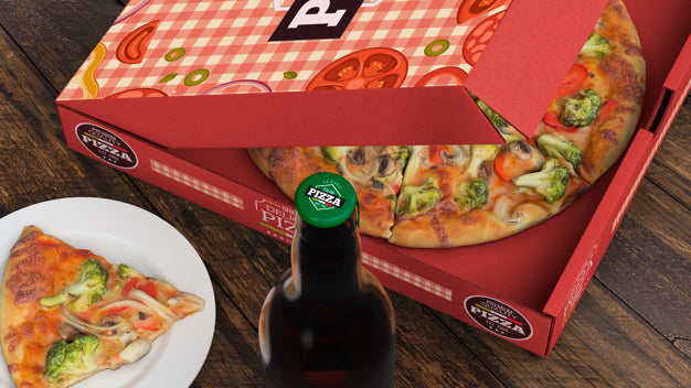 Pizza Box Mockup And Bottle Psd