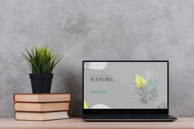 Plant On Books Beside Laptop At Office Psd