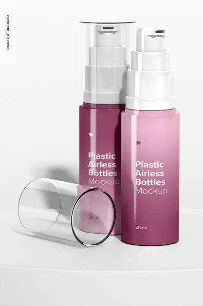 Plastic Airless Bottles Mockup, Opened And Closed Psd