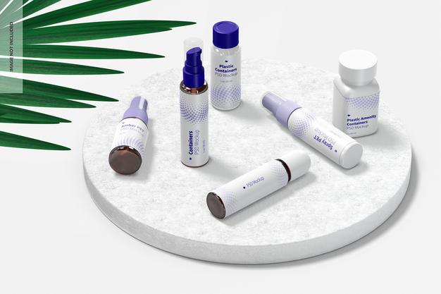 Plastic Amenity Containers Mockup, Perspective Psd