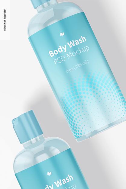 Plastic Body Wash Bottles Mockup, Close Up Psd