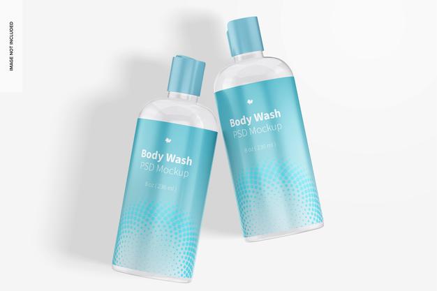 Plastic Body Wash Bottles Mockup, Top View Psd