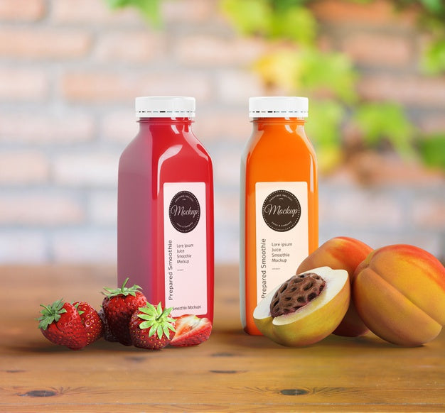Plastic Bottles With Different Fruit Or Vegetable Juices And Fruits Psd