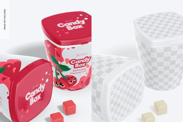 Plastic Candy Boxes Mockup, Perspective Psd