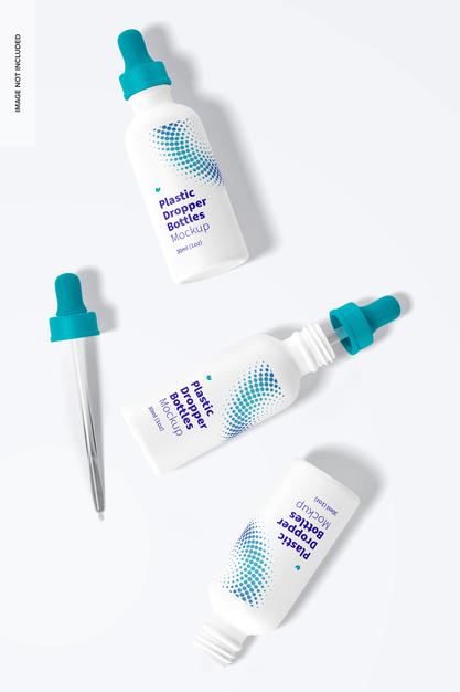 Plastic Dropper Bottles Mockup, Top View Psd