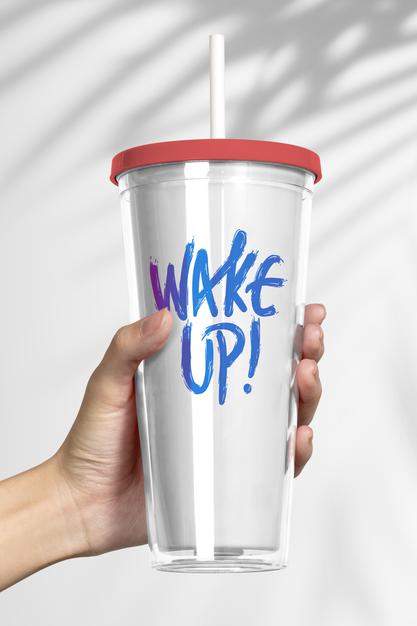 Plastic Tumbler Product Mockup With Wake Up Quote Psd