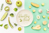 Plate Surrounded By Veggies And Fruit Flat Lay Psd