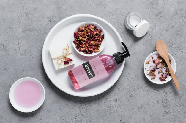 Plate With Lavender Water Bottle Psd