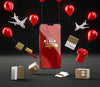 Pop-Up Sale Balloons And Mobile Phone On Black Background Psd