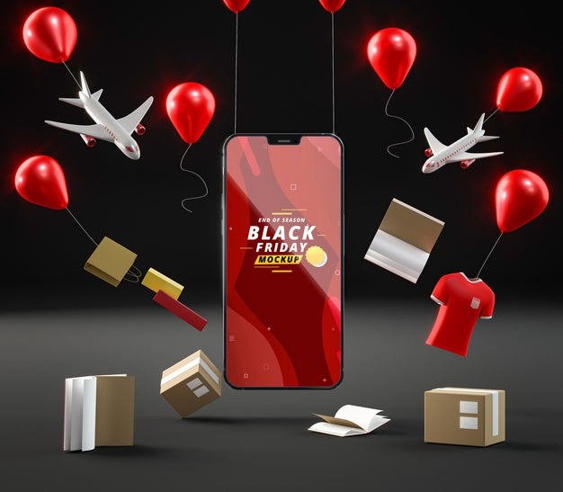 Pop-Up Sale Balloons And Mobile Phone On Black Background Psd