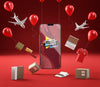 Pop-Up Sale Balloons And Mobile Phone On Red Background Psd