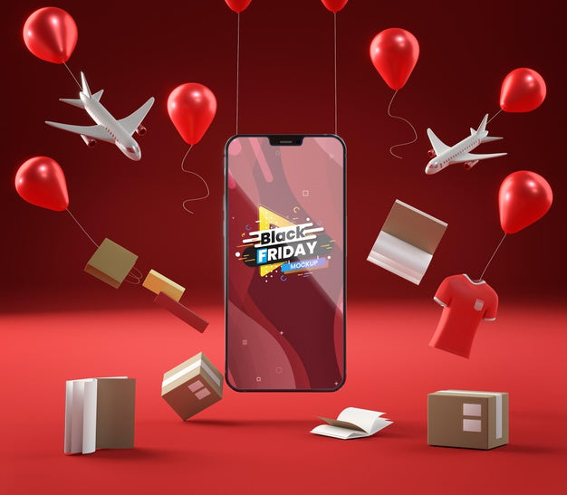 Pop-Up Sale Balloons And Mobile Phone On Red Background Psd