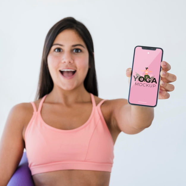 Portrait Of Beautiful Woman Holding Phone With Mock-Up Psd