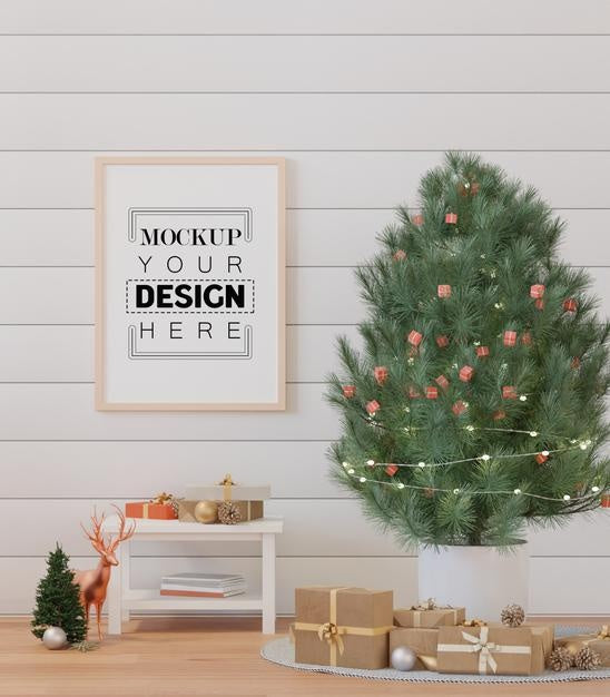 Poster Frame In Christmas Decoration Room Psd Mockup Psd