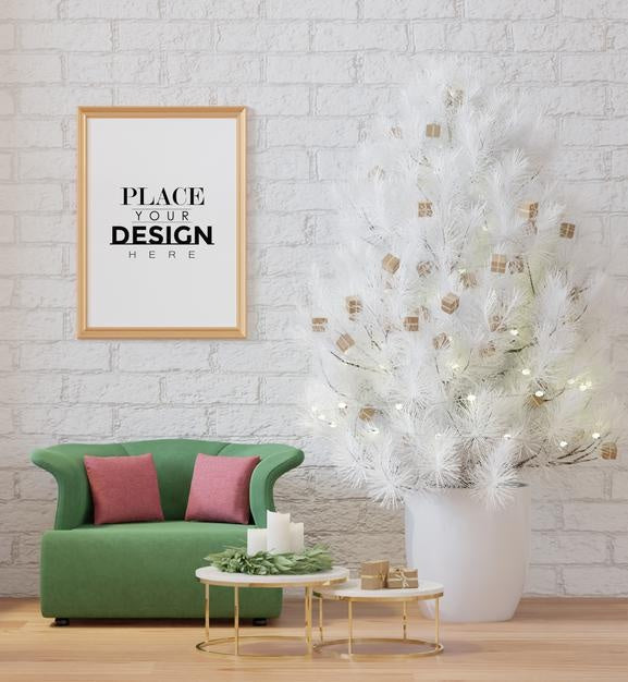 Poster Frame In Christmas Decoration Room Psd Mockup Psd