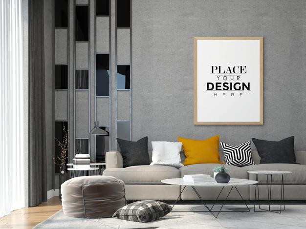 Poster Frame In Living Room Mock Up Psd