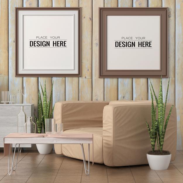 Poster Frame In Living Room Mockup Psd