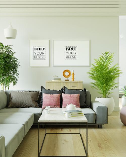 Poster Frame In Living Room Mockup Psd
