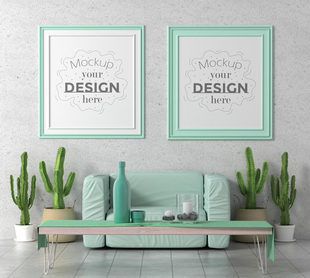 Poster Frame In Living Room Mockup Psd