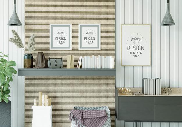 Poster Frame In Living Room Mockup Psd