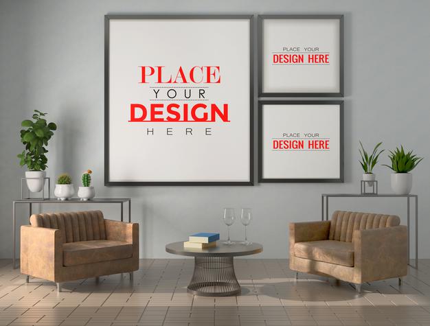 Poster Frame In Living Room Mockup Psd