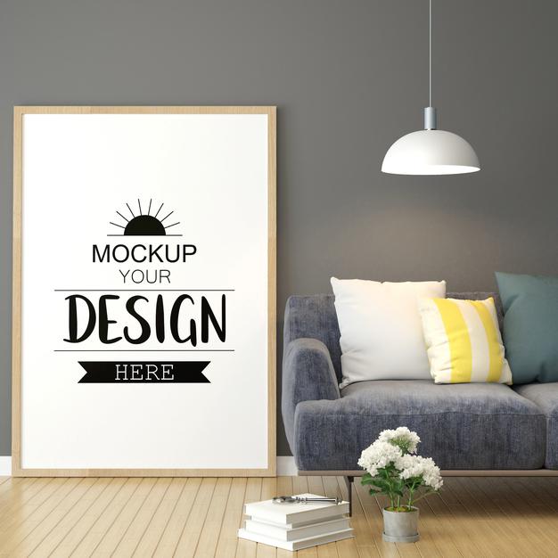 Poster Frame In Living Room Mockup Psd