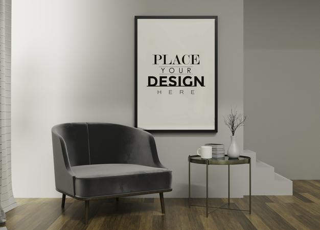 Poster Frame In Living Room Mockup Psd