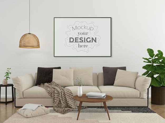 Poster Frame In Living Room Mockup Psd