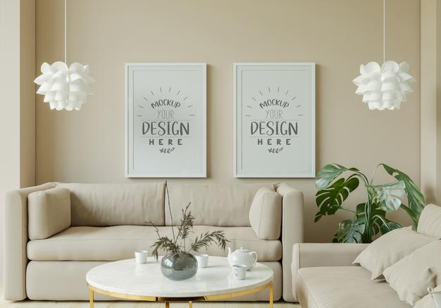 Poster Frame In Living Room Mockup Psd