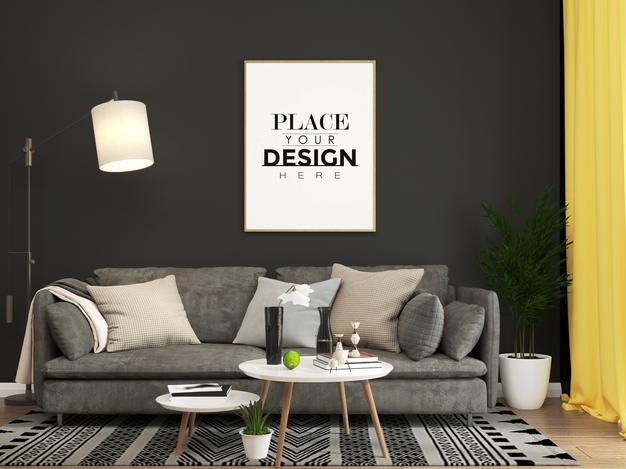Poster Frame In Living Room Mockup Psd