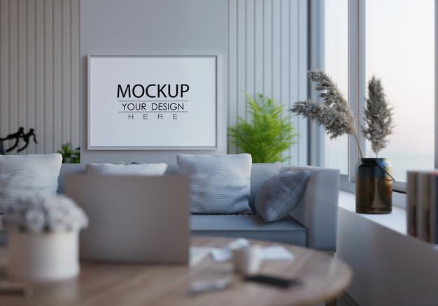 Poster Frame In Living Room Mockup Psd