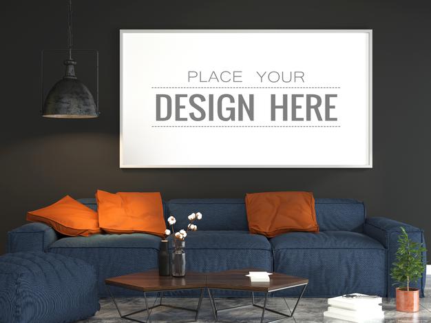 Poster Frame In Living Room Mockup Psd
