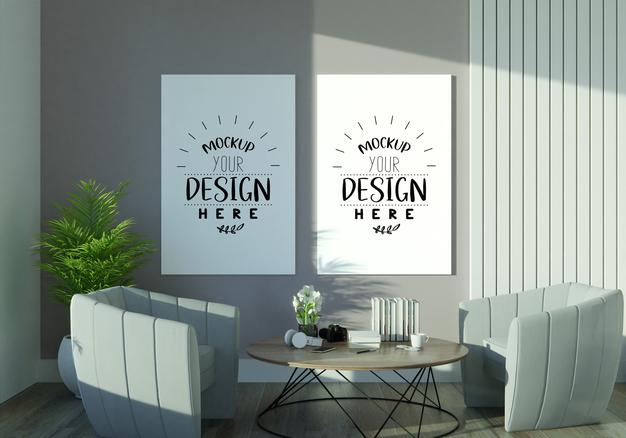 Poster Frame In Living Room Mockup Psd
