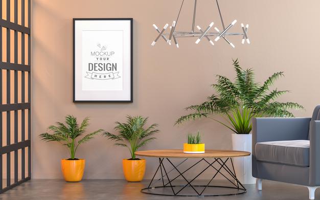 Poster Frame In Living Room Mockup Psd