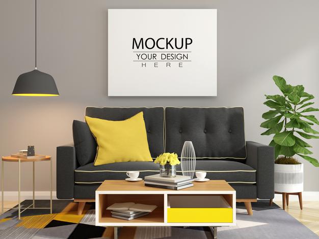 Poster Frame In Living Room Mockup Psd