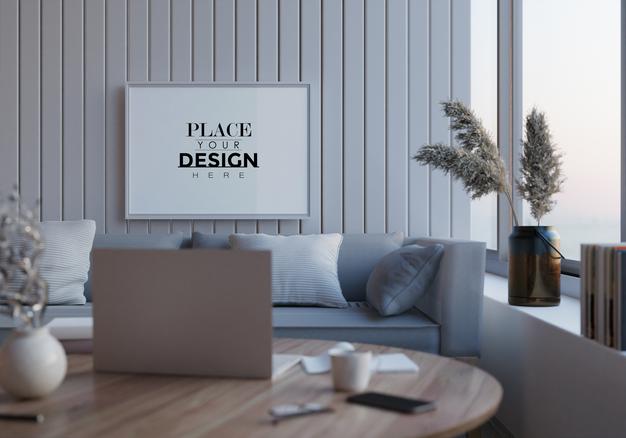 Poster Frame In Living Room Mockup Psd