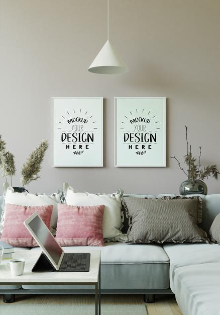 Poster Frame In Living Room Mockup Psd