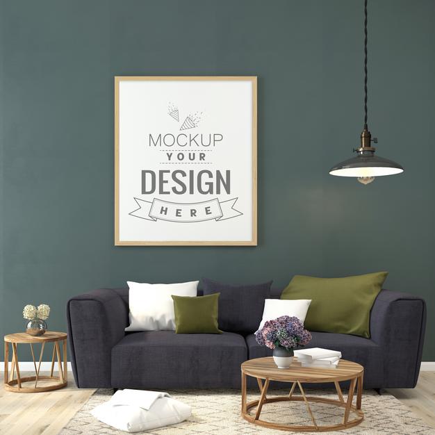 Poster Frame In Living Room Mockup Psd