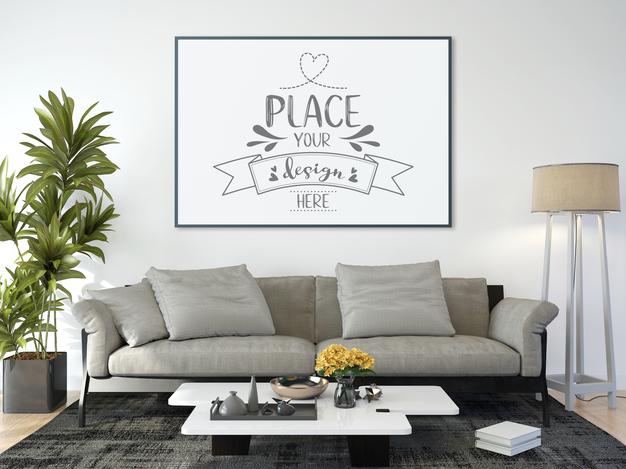 Poster Frame In Living Room Mockup Psd