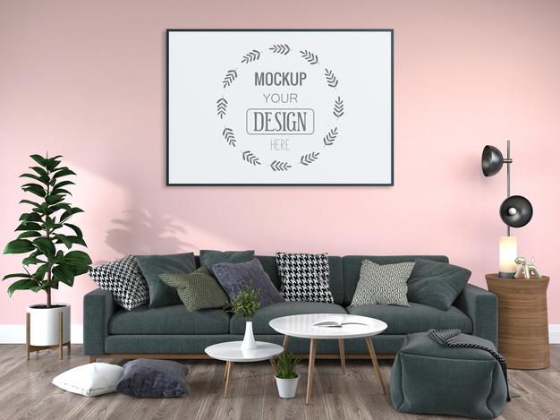 Poster Frame In Living Room Mockup Psd
