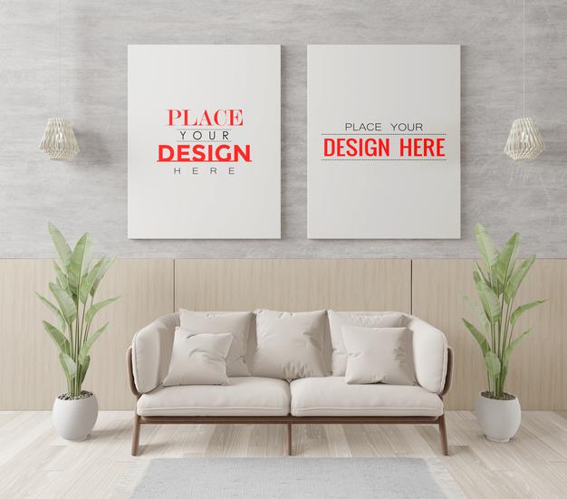Poster Frame In Living Room Mockup Psd