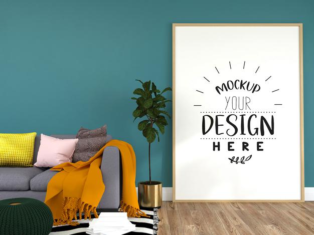 Poster Frame In Living Room Mockup Psd