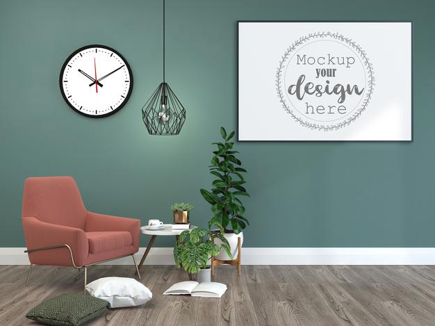 Poster Frame In Living Room Mockup Psd