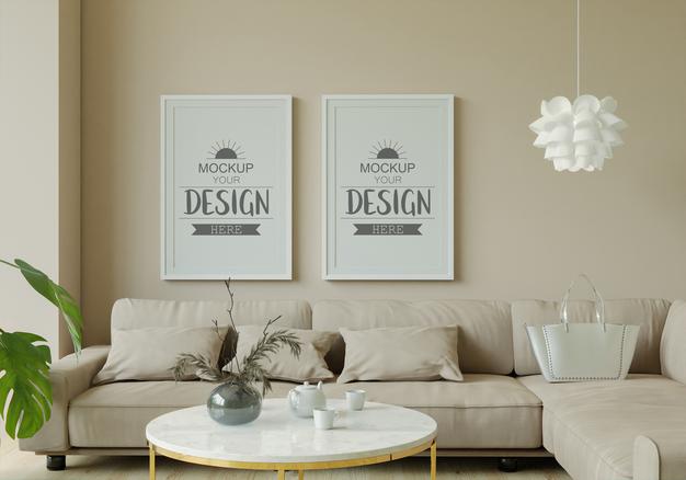 Poster Frame In Living Room Mockup Psd