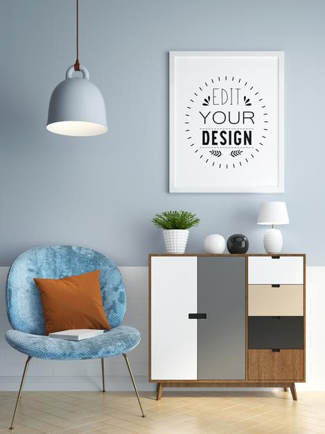 Poster Frame In Living Room Mockup Psd