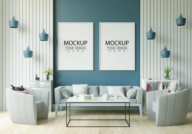 Poster Frame In Living Room Mockup Psd