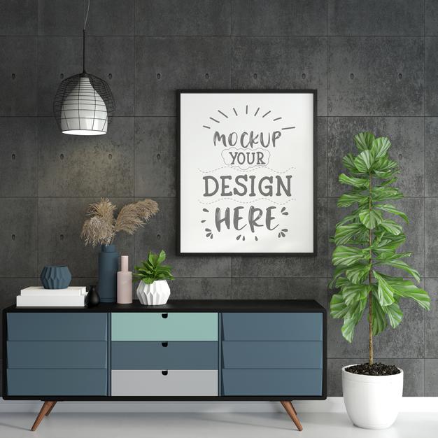 Poster Frame In Living Room Mockup Psd
