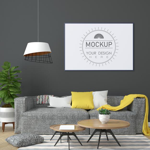Poster Frame In Living Room Mockup Psd
