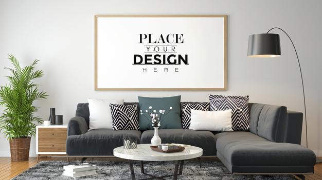 Poster Frame In Living Room Mockup Psd
